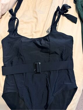 Black Tie-Shoulder One-Piece Swimsuit with Belt